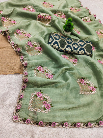 Premium Pure Paper Silk Crush Saree with Floral Embroidery & Swarovski Work