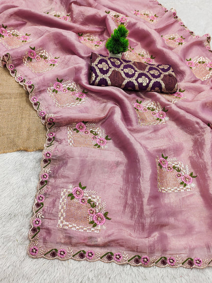 Premium Pure Paper Silk Crush Saree with Floral Embroidery & Swarovski Work