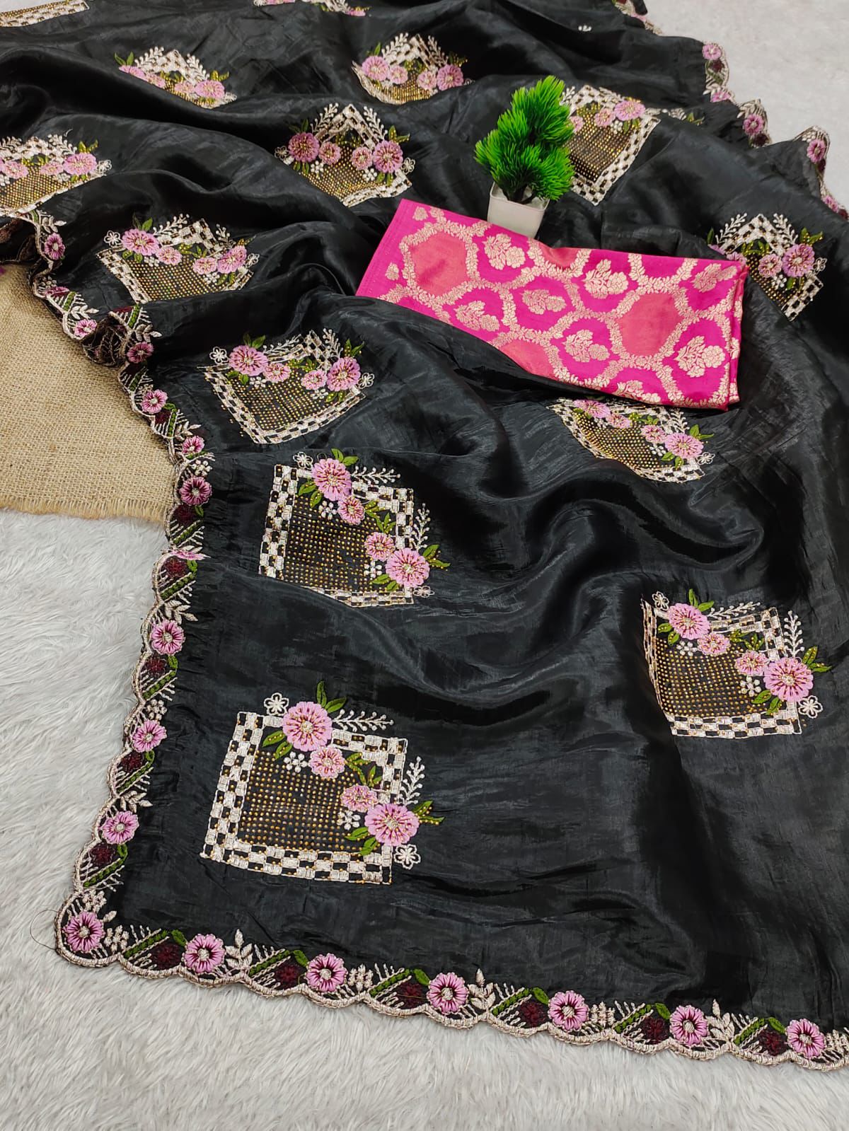 Premium Pure Paper Silk Crush Saree with Floral Embroidery & Swarovski Work