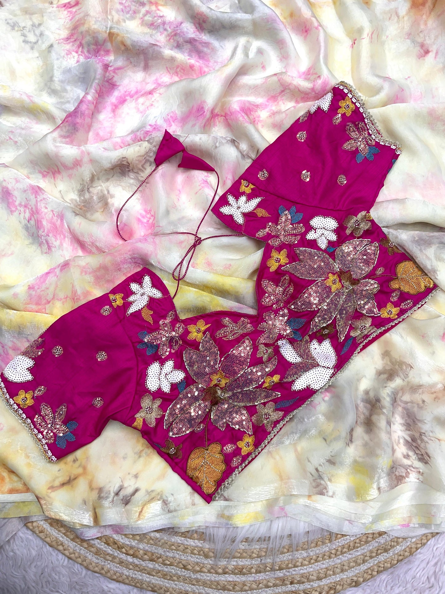 Premium Space Silk Saree with Discharge Print & Jalpari Blouse