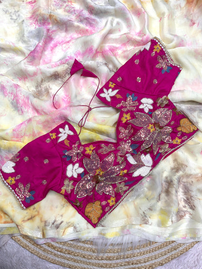 Premium Space Silk Saree with Discharge Print & Jalpari Blouse