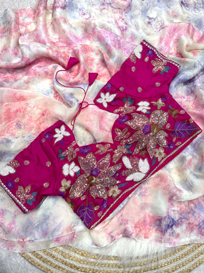 Premium Space Silk Saree with Discharge Print & Jalpari Blouse