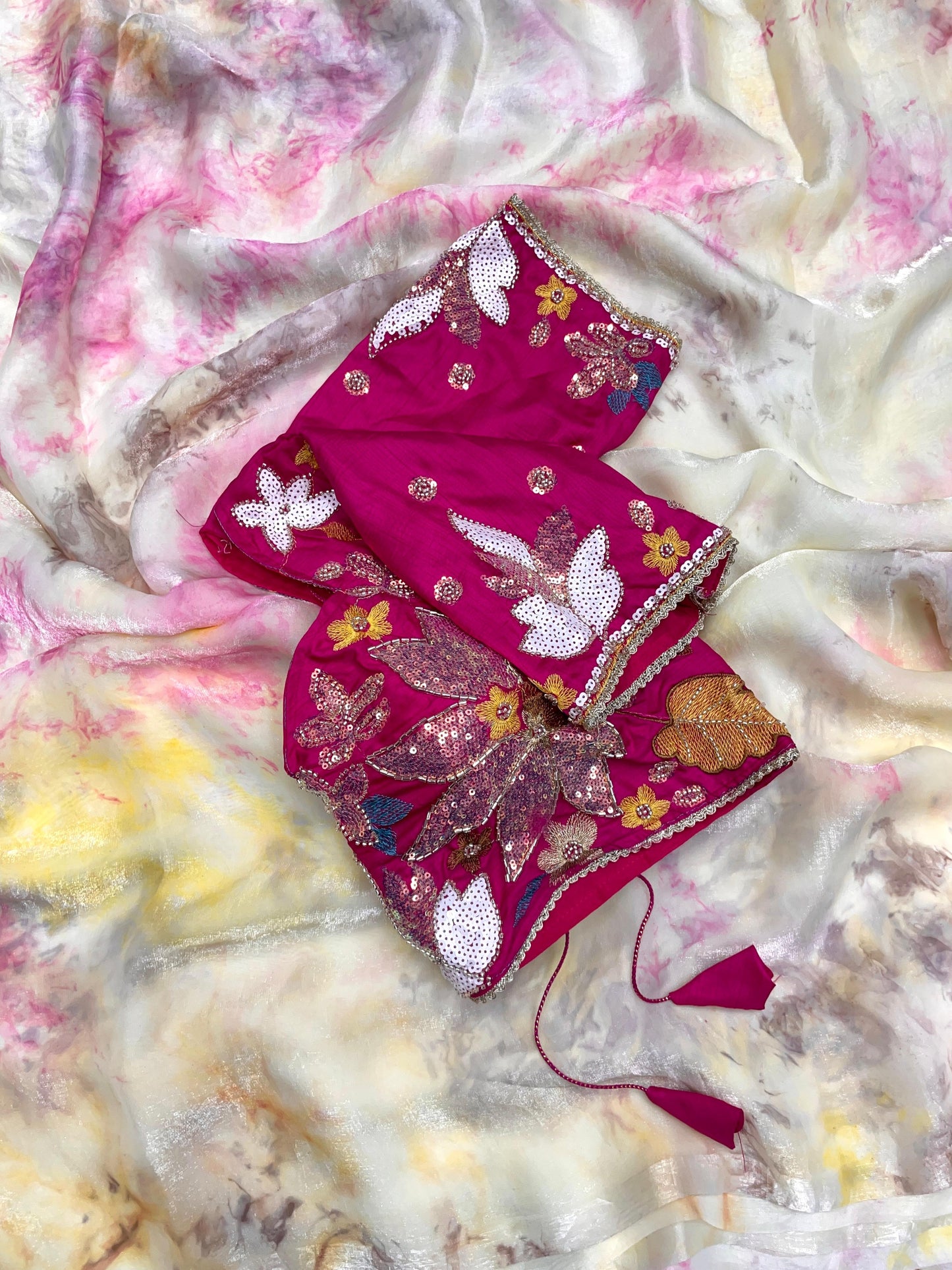 Premium Space Silk Saree with Discharge Print & Jalpari Blouse