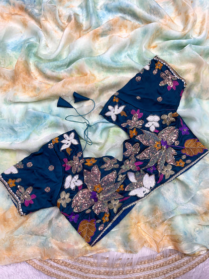 Premium Space Silk Saree with Discharge Print & Jalpari Blouse