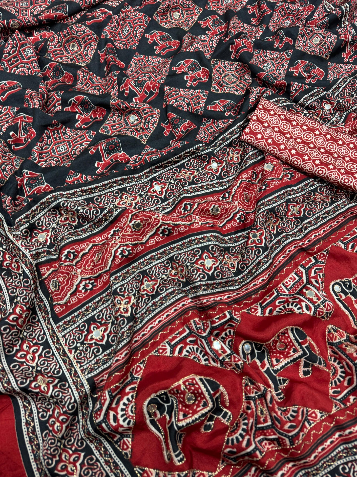 Premium Soft Crepe Silk Saree with Ajrakh Print, Zari & Mirror Work