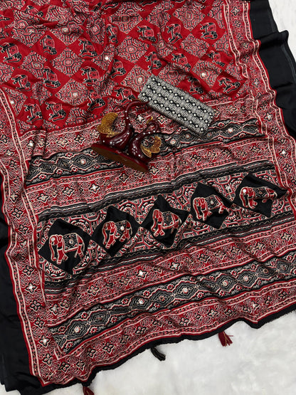 Premium Soft Crepe Silk Saree with Ajrakh Print, Zari & Mirror Work