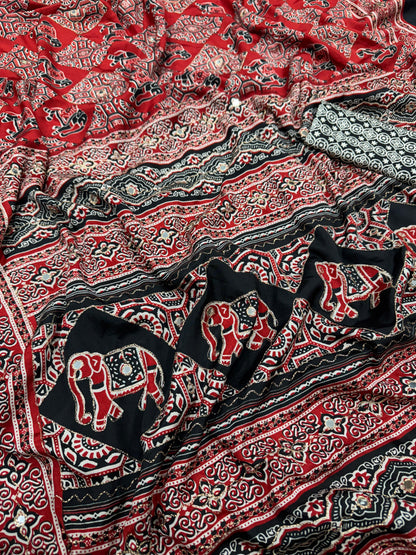 Premium Soft Crepe Silk Saree with Ajrakh Print, Zari & Mirror Work