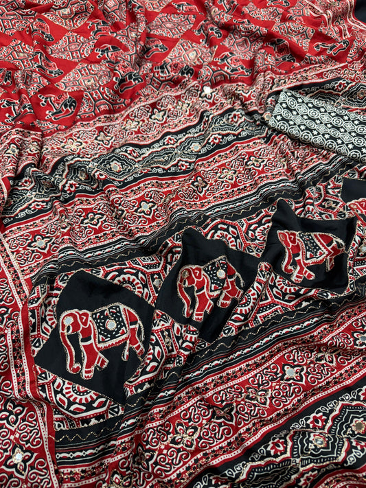 Premium Soft Crepe Silk Saree with Ajrakh Print, Zari & Mirror Work