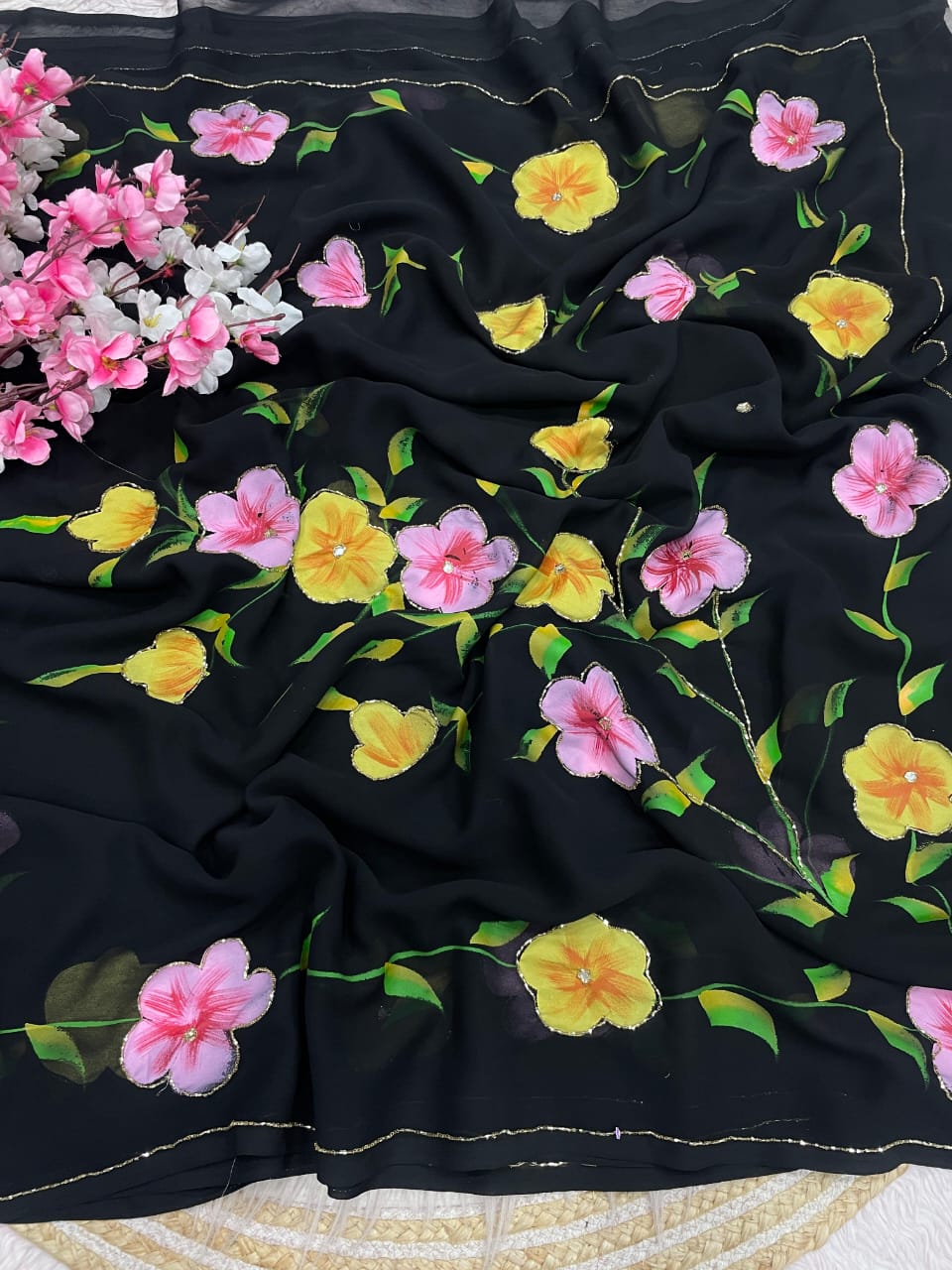 Celebrity Style Georgette Saree with Brush Print & Cutdana Work