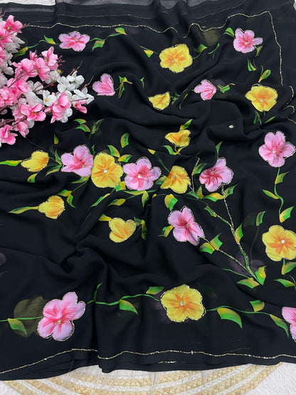 Celebrity Style Georgette Saree with Brush Print & Cutdana Work