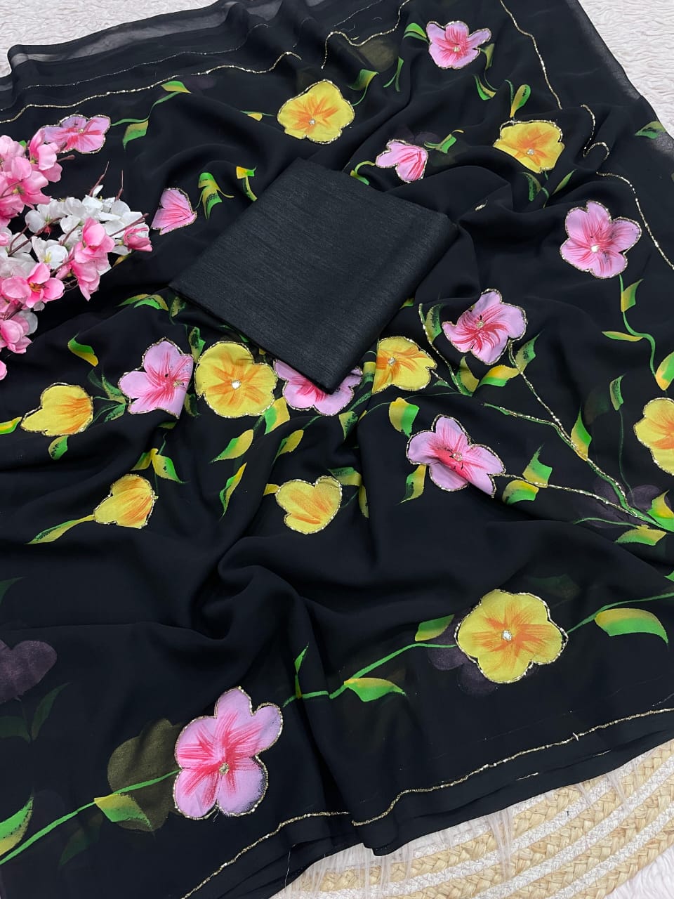 Celebrity Style Georgette Saree with Brush Print & Cutdana Work