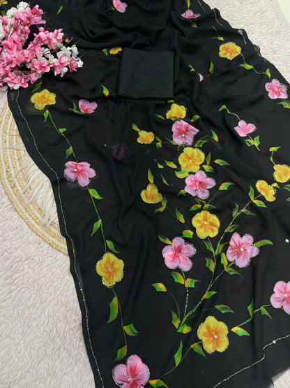 Celebrity Style Georgette Saree with Brush Print & Cutdana Work