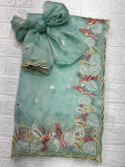 Pastel Magic Leno Net Organza Saree with Embroidery & Sequins Work
