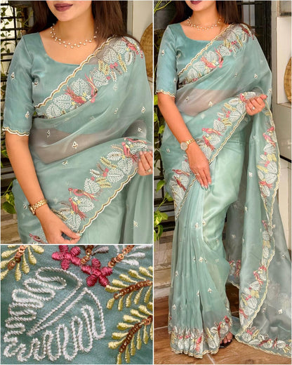 Pastel Magic Leno Net Organza Saree with Embroidery & Sequins Work