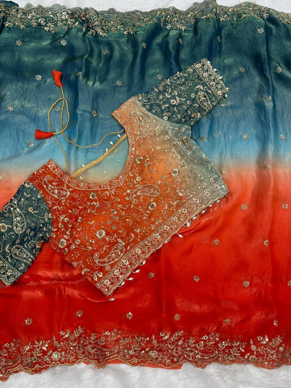 Premium Fendy Satin Padding Saree with Heavy Embroidery & Sequins Work