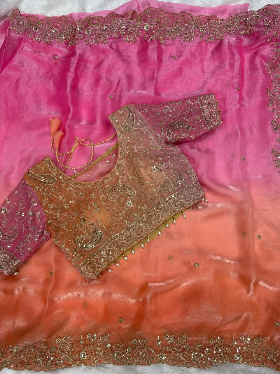 Premium Fendy Satin Padding Saree with Heavy Embroidery & Sequins Work