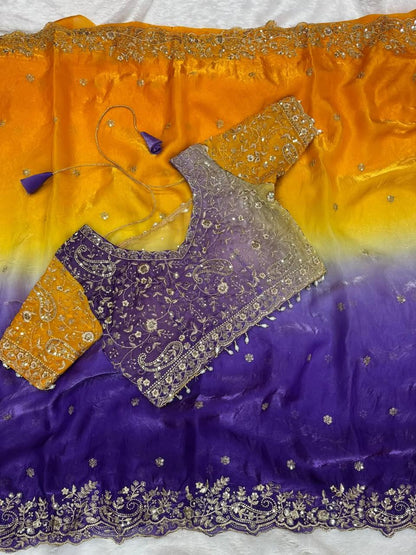 Premium Fendy Satin Padding Saree with Heavy Embroidery & Sequins Work