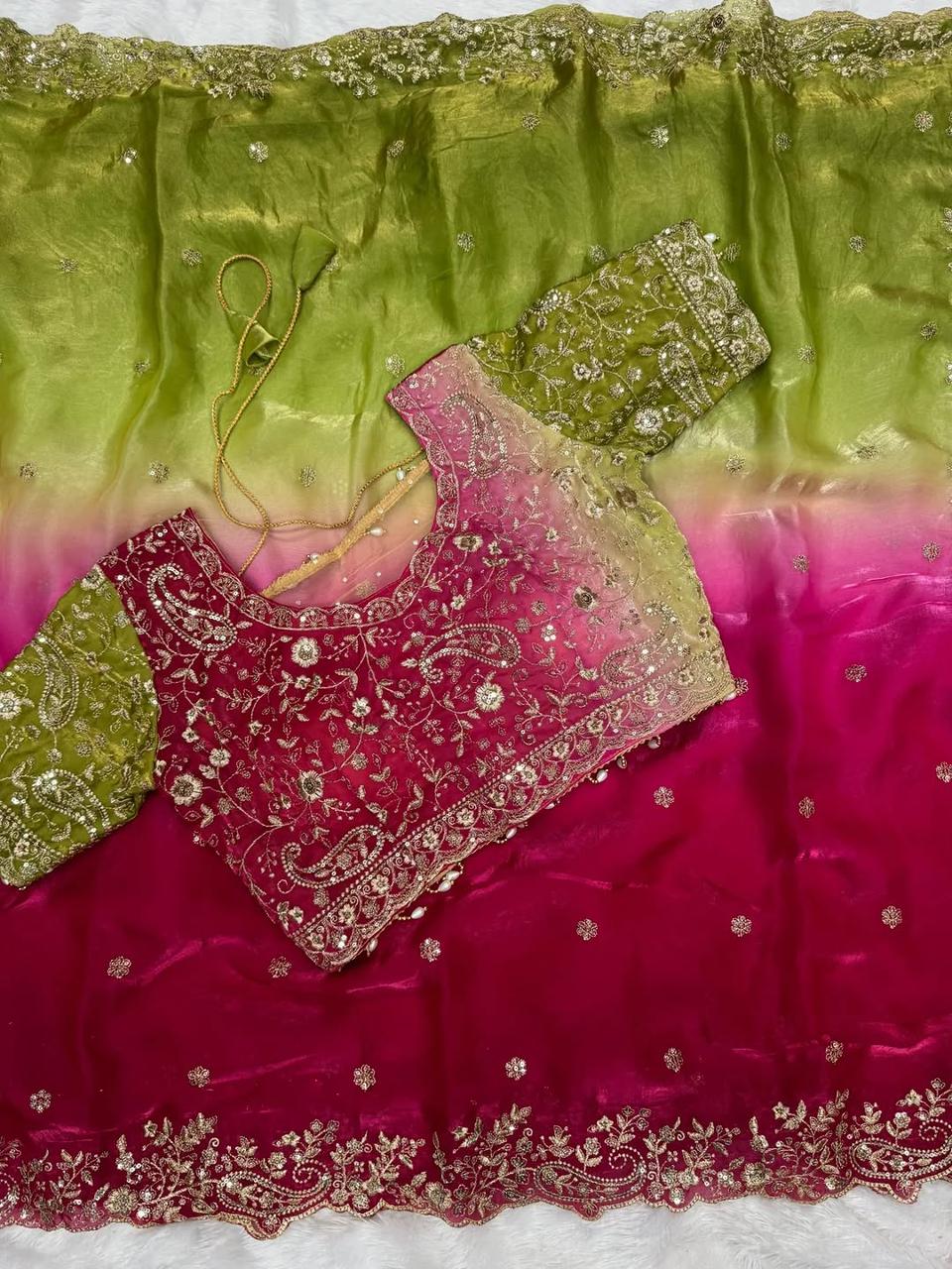 Premium Fendy Satin Padding Saree with Heavy Embroidery & Sequins Work