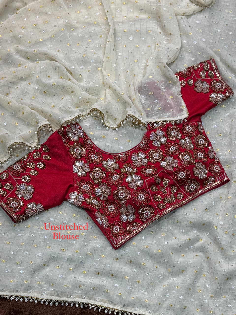 Premium Crunchy Georgette Saree with Dual Zari Butti & Pearl Lace Border