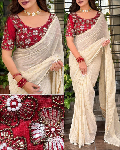 Premium Crunchy Georgette Saree with Dual Zari Butti & Pearl Lace Border