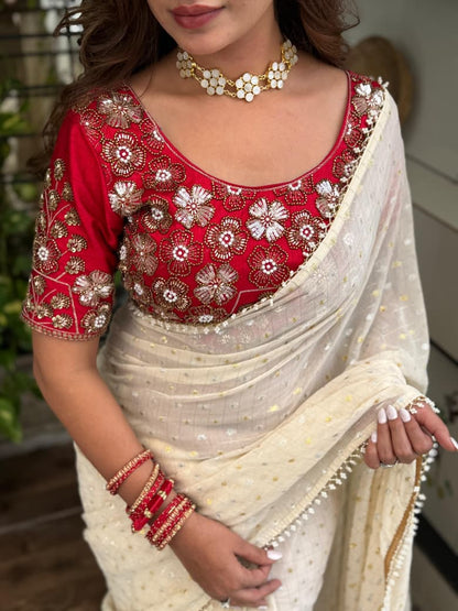 Premium Crunchy Georgette Saree with Dual Zari Butti & Pearl Lace Border