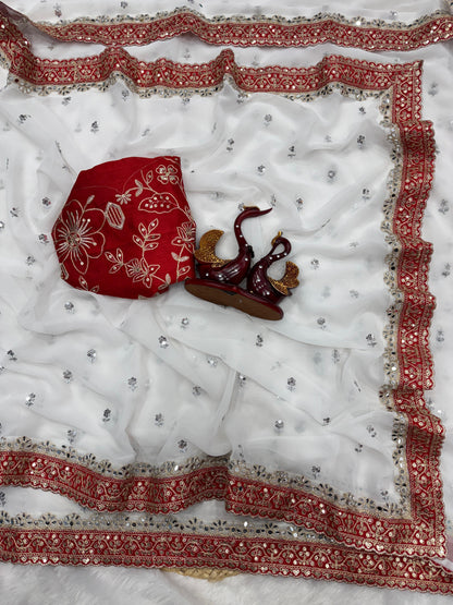 Premium Pure Georgette Saree with Sequins, Dori Embroidery & Real Mirror Work