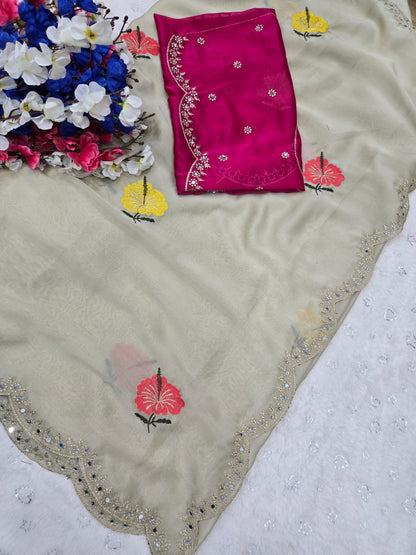 Premium Rangoli Silk Saree with Original Zari & Real Mirror Work