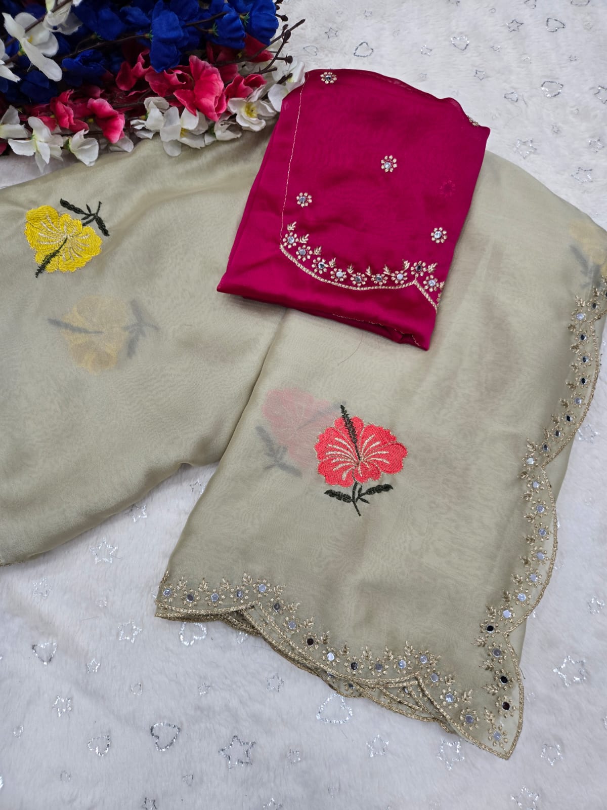 Premium Rangoli Silk Saree with Original Zari & Real Mirror Work