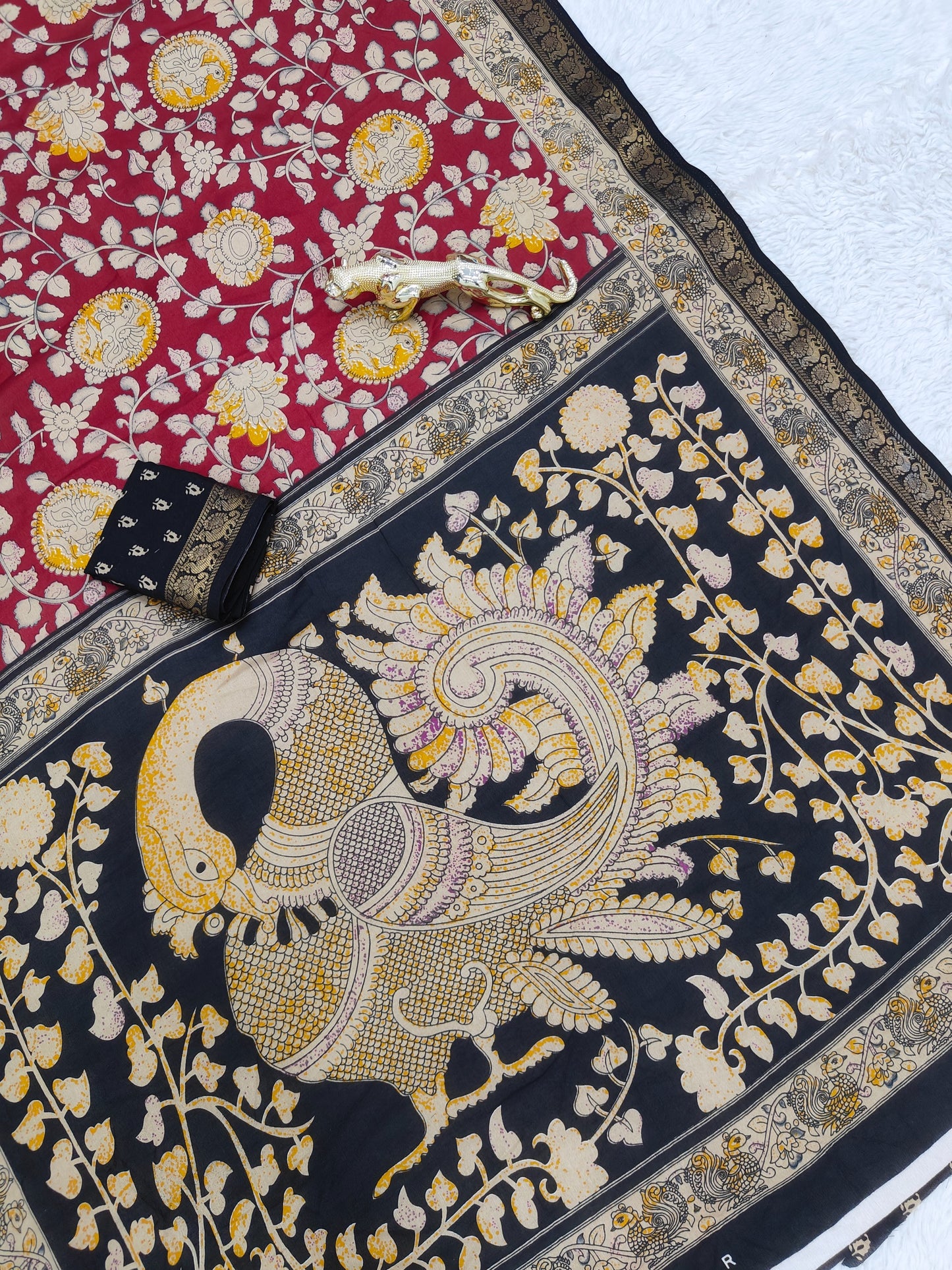 Premium Soft Mal Mal Cotton Silk Saree with Pen Kalamkari Inspired Floral Weaving