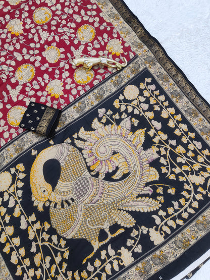 Premium Soft Mal Mal Cotton Silk Saree with Pen Kalamkari Inspired Floral Weaving