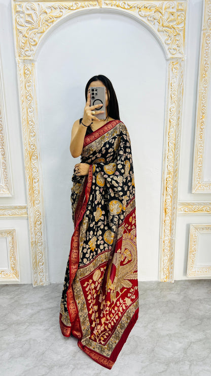 Premium Soft Mal Mal Cotton Silk Saree with Pen Kalamkari Inspired Floral Weaving