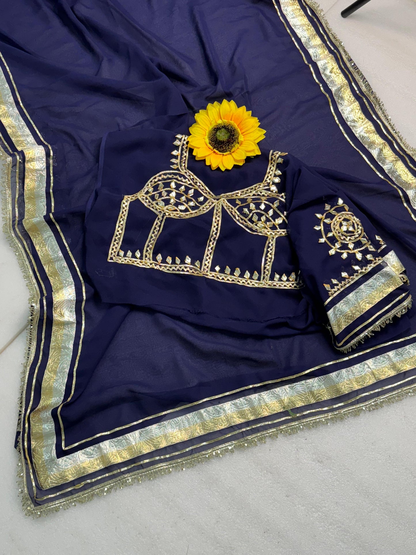 Premium Soft C*C Georgette Saree with Turra, Gota Lace & Hand Sequins Work