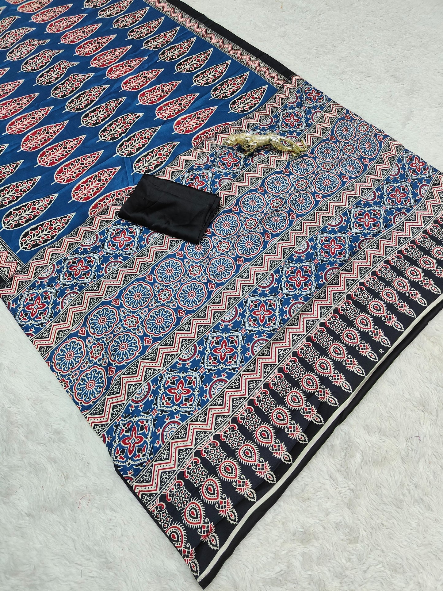 Premium Japan Satin Silk Saree with Traditional Ajrak Mill Print