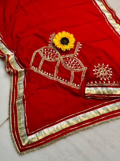 Premium Soft C*C Georgette Saree with Turra, Gota Lace & Hand Sequins Work