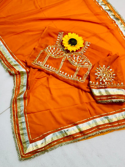 Premium Soft C*C Georgette Saree with Turra, Gota Lace & Hand Sequins Work