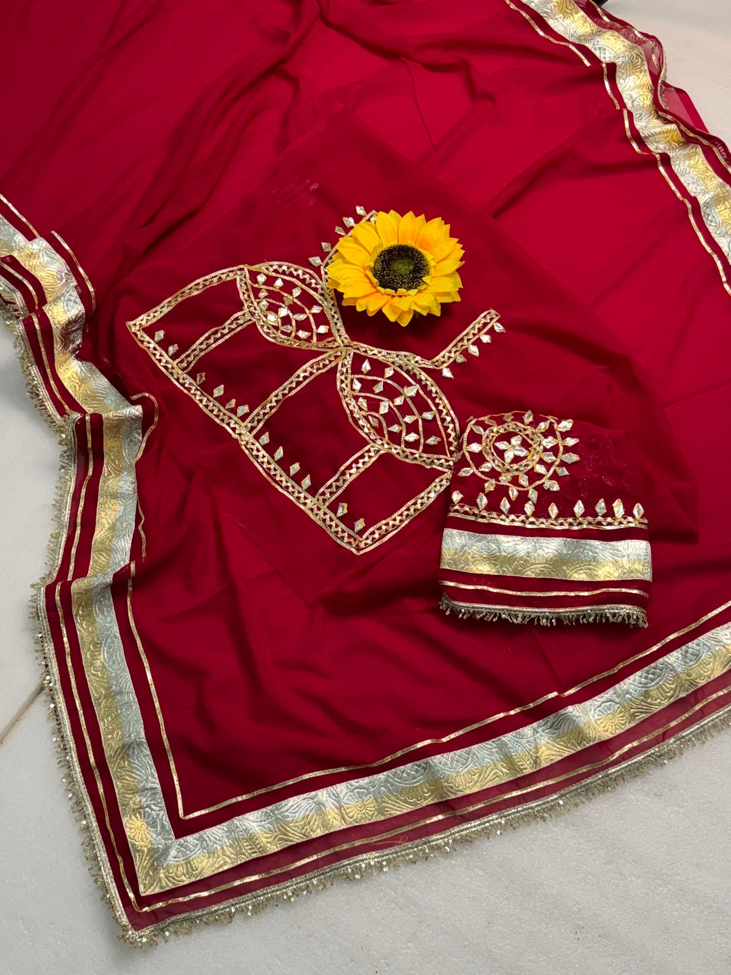 Premium Soft C*C Georgette Saree with Turra, Gota Lace & Hand Sequins Work