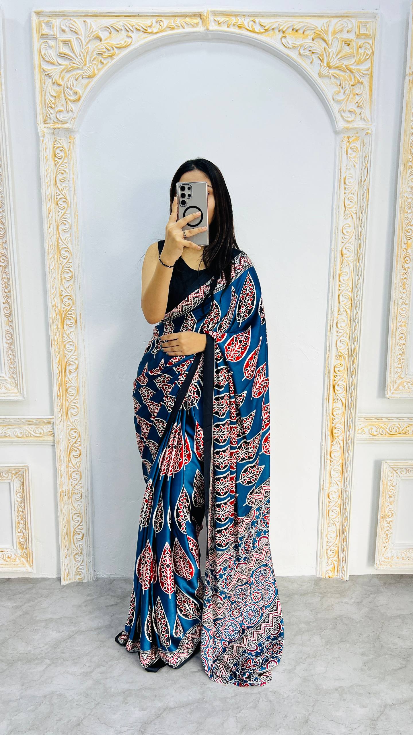 Premium Japan Satin Silk Saree with Traditional Ajrak Mill Print