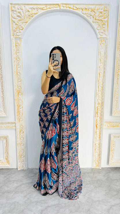 Premium Japan Satin Silk Saree with Traditional Ajrak Mill Print