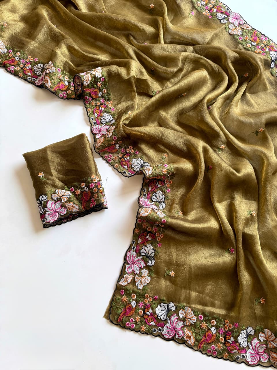 Premium Pure Alexa Crush Saree with Floral Embroidery & Cutwork Border