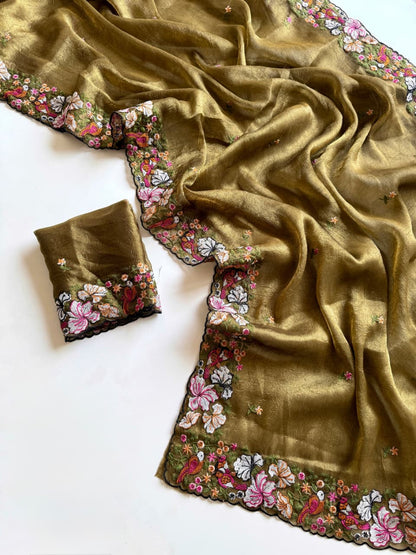 Premium Pure Alexa Crush Saree with Floral Embroidery & Cutwork Border