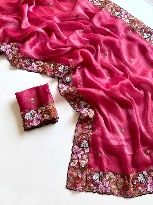 Premium Pure Alexa Crush Saree with Floral Embroidery & Cutwork Border