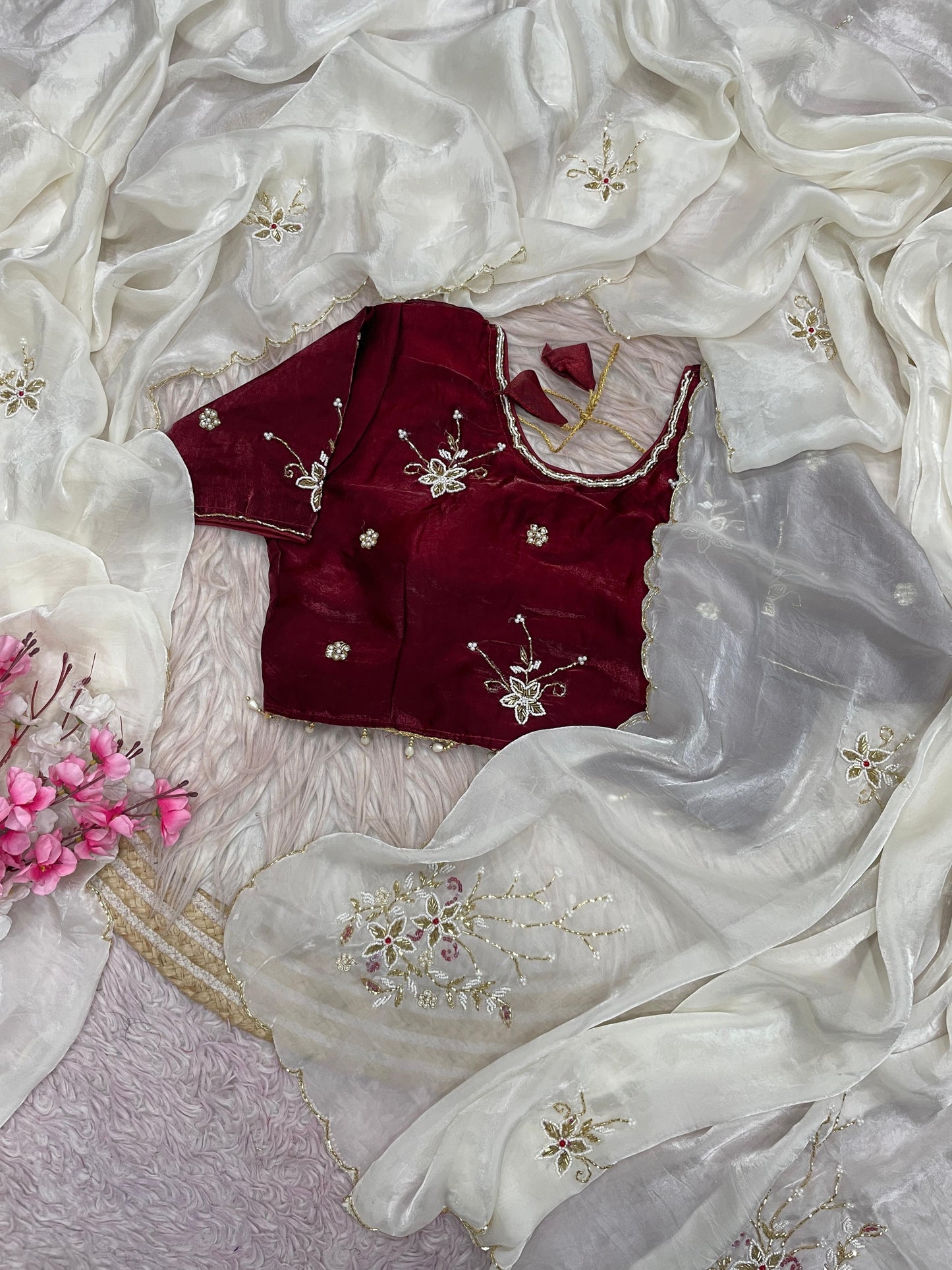 Premium Fandy Satin Saree with Khatli Cut Dana Handwork & Arco Border