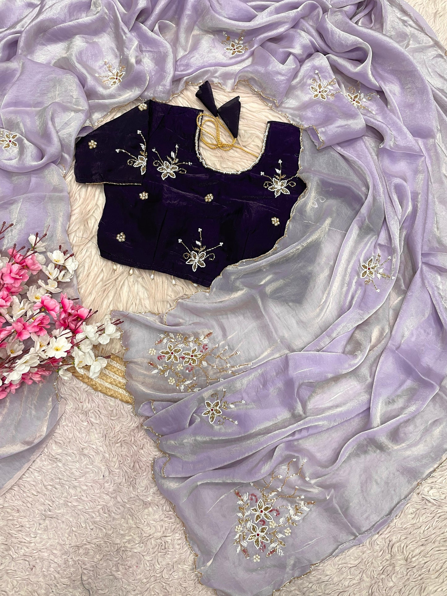 Premium Fandy Satin Saree with Khatli Cut Dana Handwork & Arco Border