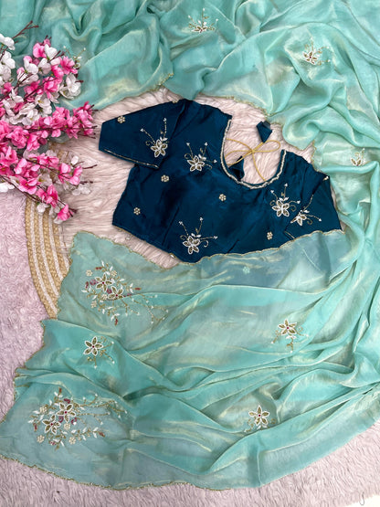 Premium Fandy Satin Saree with Khatli Cut Dana Handwork & Arco Border