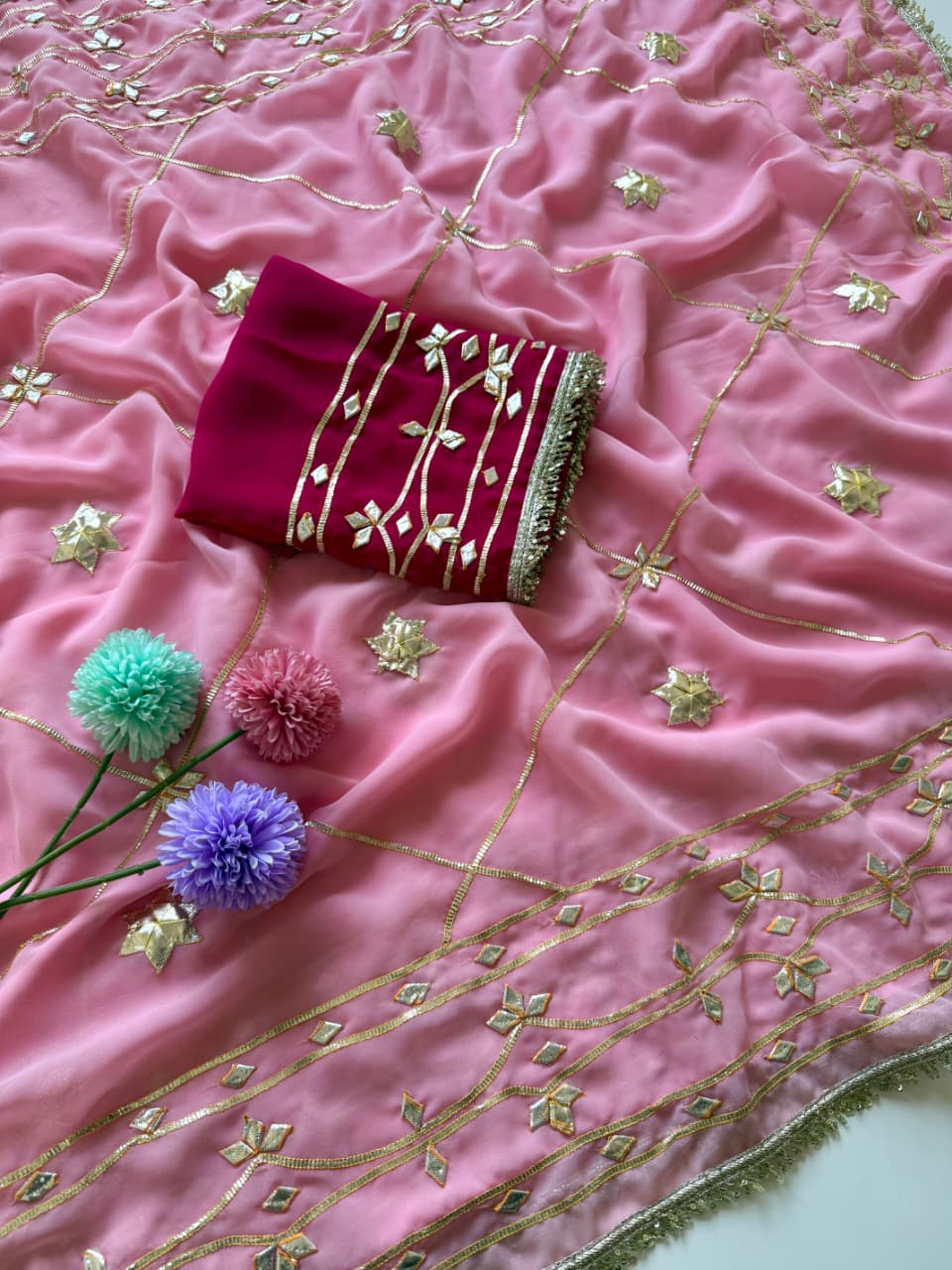 Original Hand Kachhi Gotta Work Heavy Georgette Saree with Sequins Lace Border