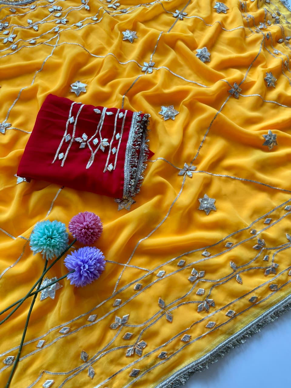 Original Hand Kachhi Gotta Work Heavy Georgette Saree with Sequins Lace Border