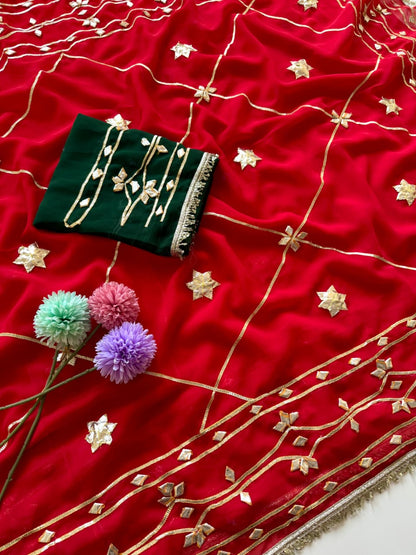 Original Hand Kachhi Gotta Work Heavy Georgette Saree with Sequins Lace Border