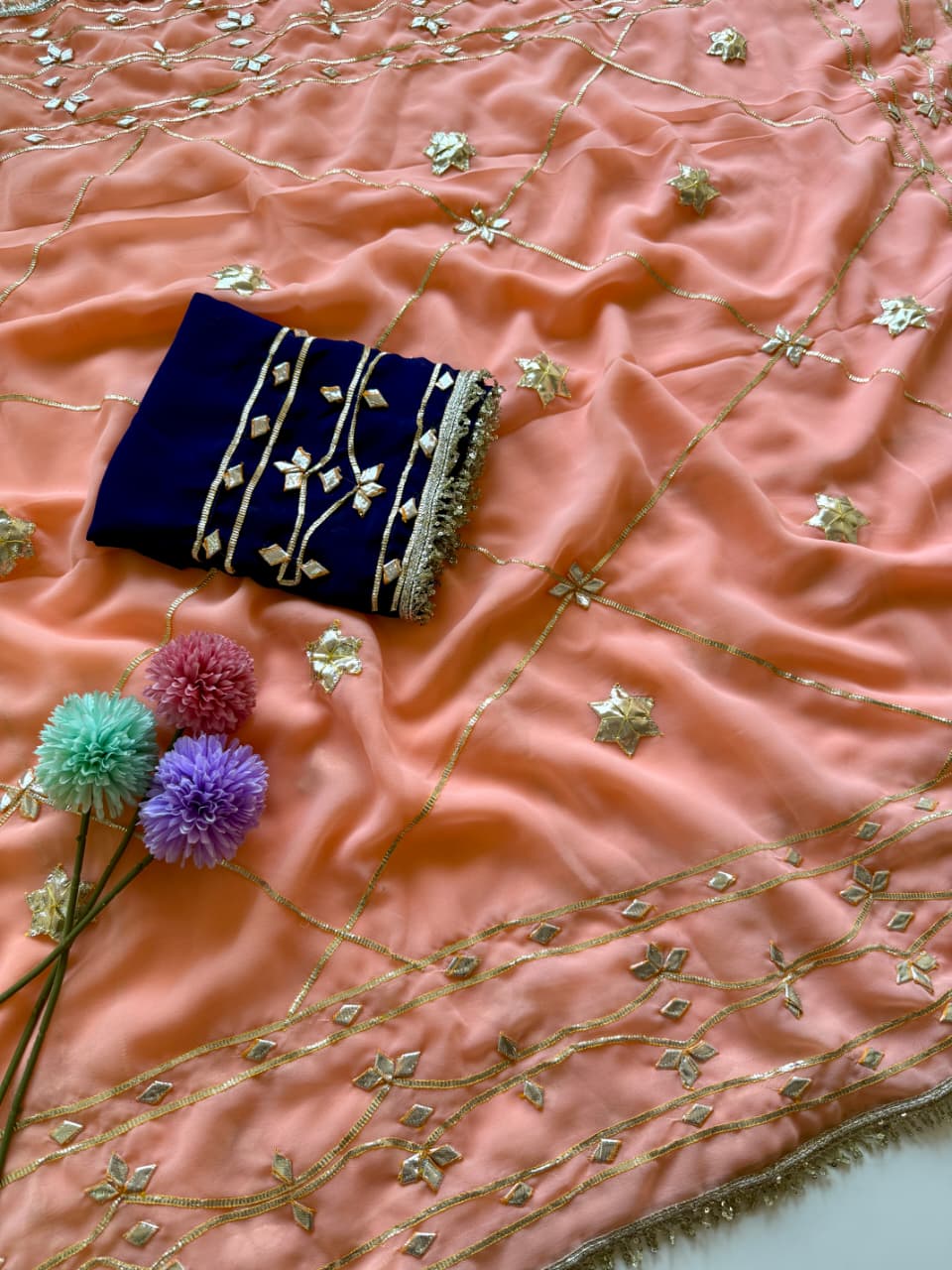 Original Hand Kachhi Gotta Work Heavy Georgette Saree with Sequins Lace Border