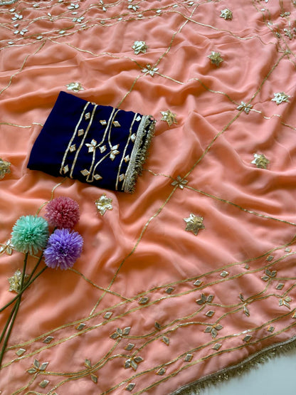 Original Hand Kachhi Gotta Work Heavy Georgette Saree with Sequins Lace Border