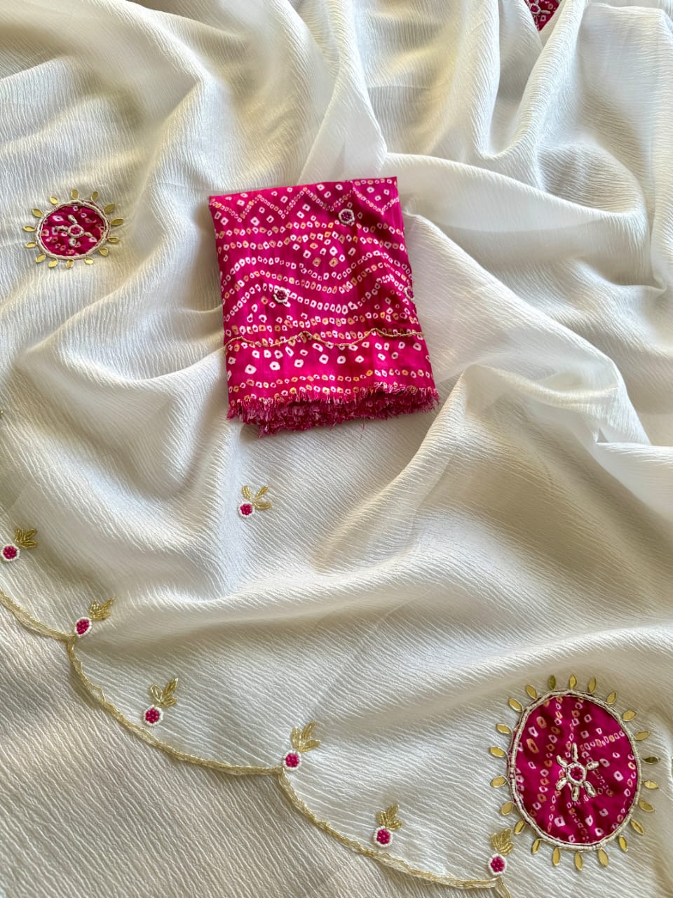 Premium Pure Crush Georgette Chiffon Saree with Zardozi Handwork & Khatli Border